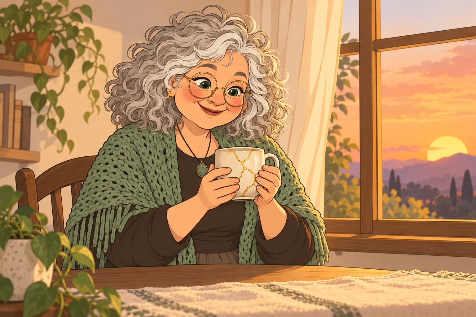 Ilustración de La Pacha sosteniendo con cariño una taza reparada con kintsugi, con sus grietas de oro brillando al atardecer.