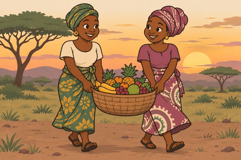 Ilustración de dos mujeres de una aldea africana cargando juntas una canasta grande de frutas