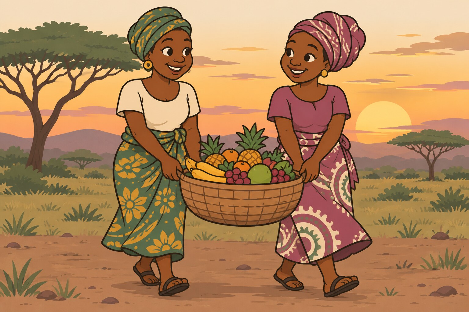 Ilustración de dos mujeres de una aldea africana cargando juntas una canasta grande de frutas