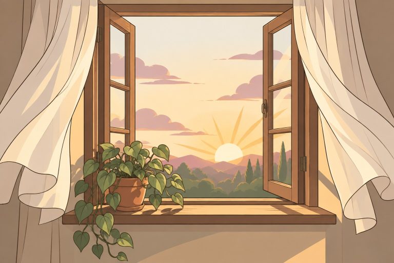 Ilustración de una ventana que se abre al amanecer y deja entrar luz dorada en un cuarto en penumbra, sobre una planta en el alféizar.