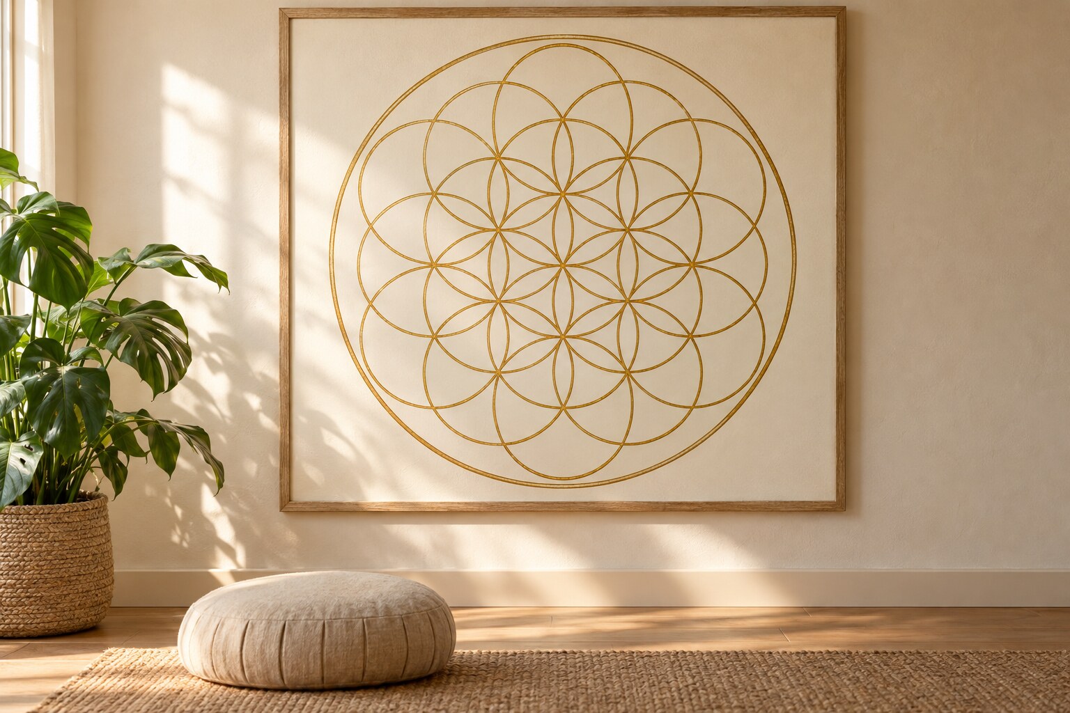 Un cuadro con la Flor de la Vida en líneas doradas sobre una pared, en un rincón de meditación con un almohadón y luz de mañana.
