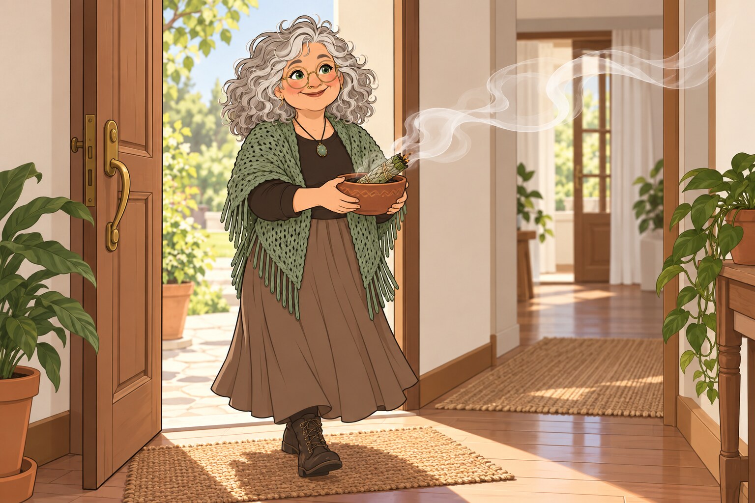 Ilustración de La Pacha iniciando un sahumado con salvia desde la puerta principal de una casa