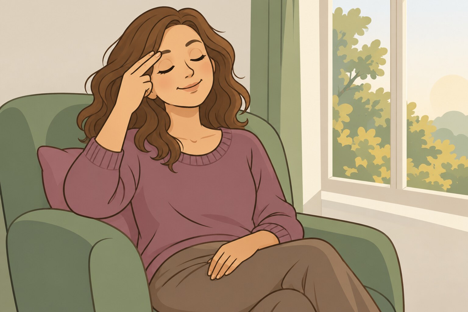 Ilustración de una mujer sentada junto a una ventana, con los ojos cerrados, tocándose suavemente la frente con dos dedos.
