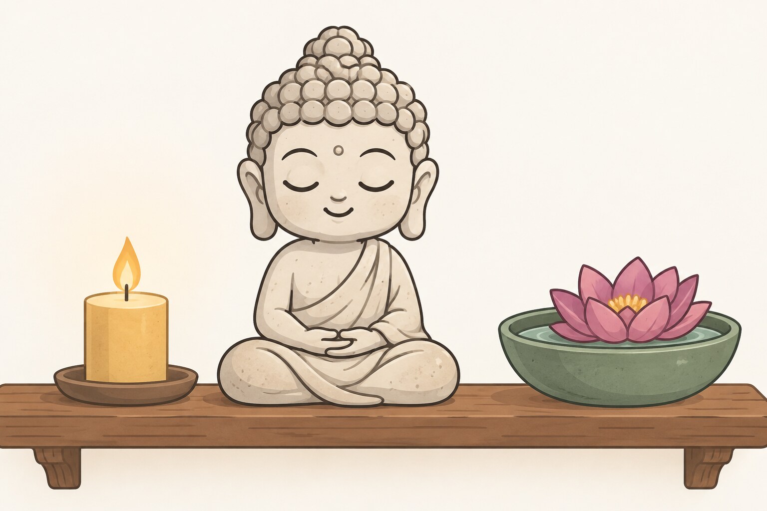 Ilustración de una pequeña escultura de Buda sentado en meditación sobre una repisa, junto a una vela y una flor de loto en un cuenco con agua.