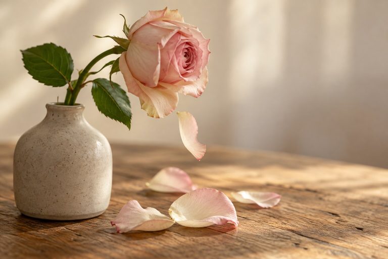 Fotografía de una rosa que suelta sus pétalos sobre una mesa de madera