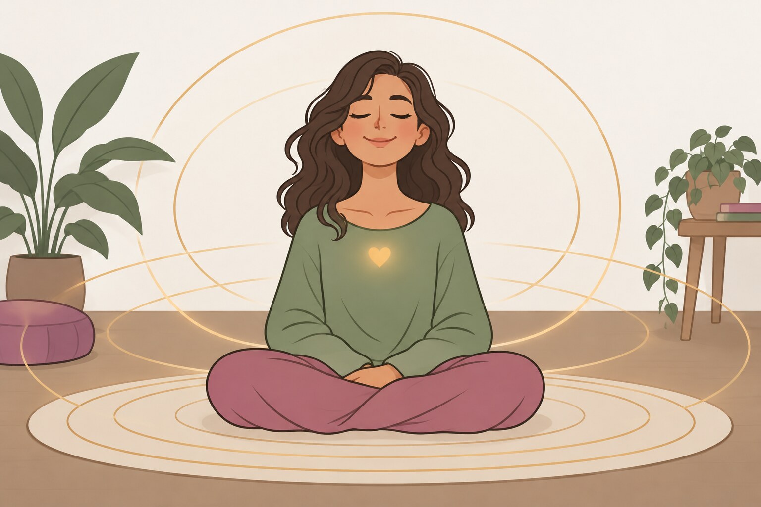 Ilustración de una persona meditando en una playa al amanecer, con una luz cálida que sale de su pecho