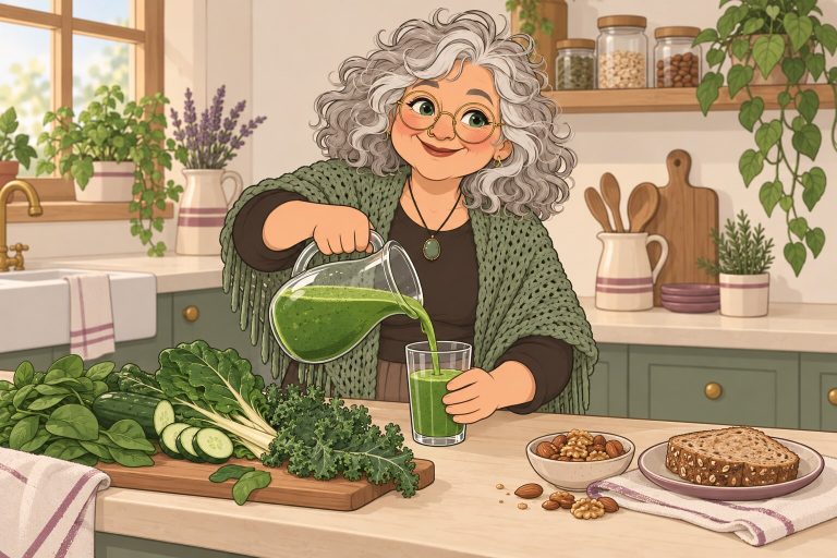 Ilustración de La Pacha sirviendo un jugo verde en su cocina, con verduras de hoja y pan integral