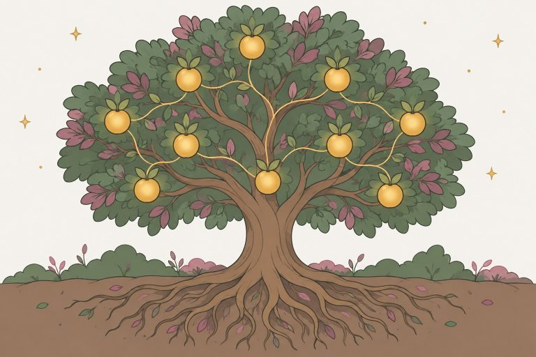 Ilustración de un árbol de copa redonda con diez frutos dorados unidos por caminos finos, como el Árbol de la Vida de la Kabbalah.