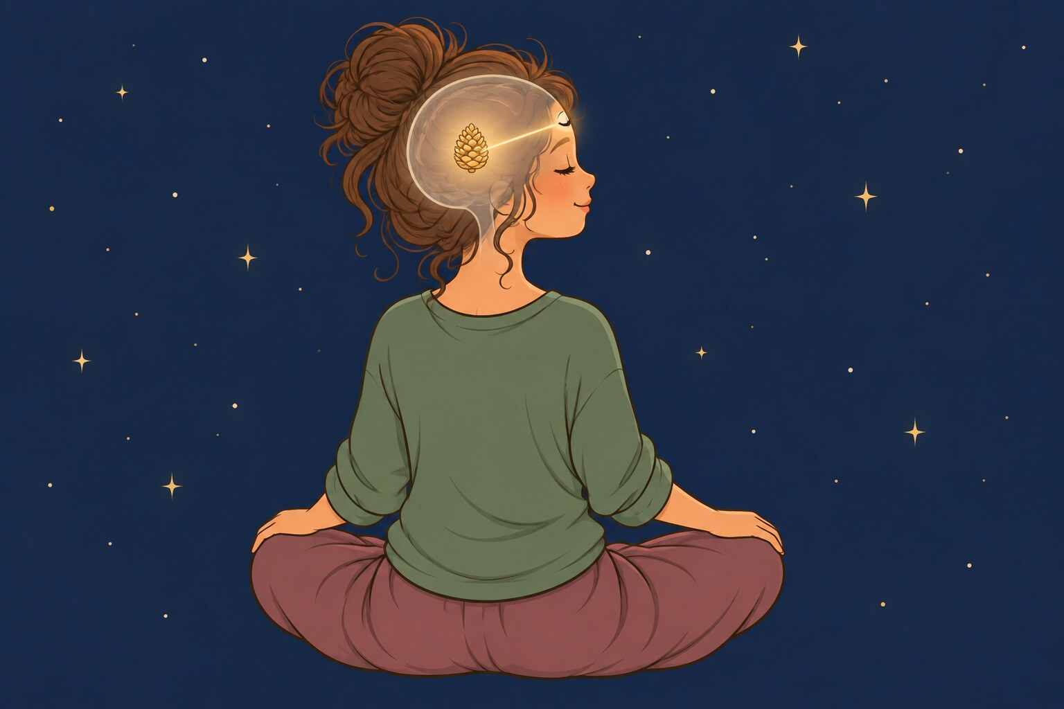 Ilustración de una mujer meditando de noche con una luz suave en el centro de la frente