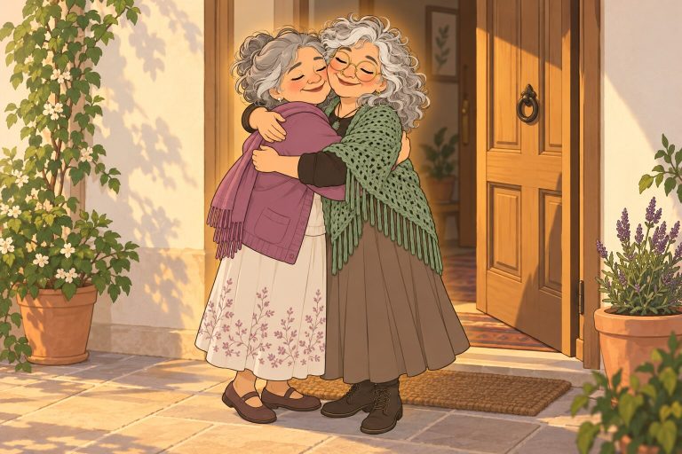 Ilustración de La Pacha abrazando con cariño a una amiga en la puerta de una casa
