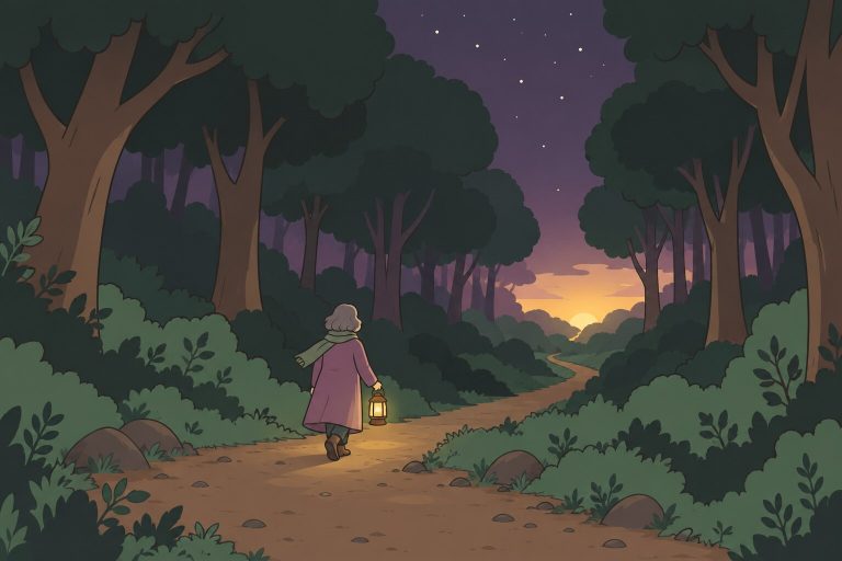 Ilustración de un camino que entra en un bosque de noche, con una figura pequeña de espaldas que lleva un farol hacia la primera luz del amanecer.