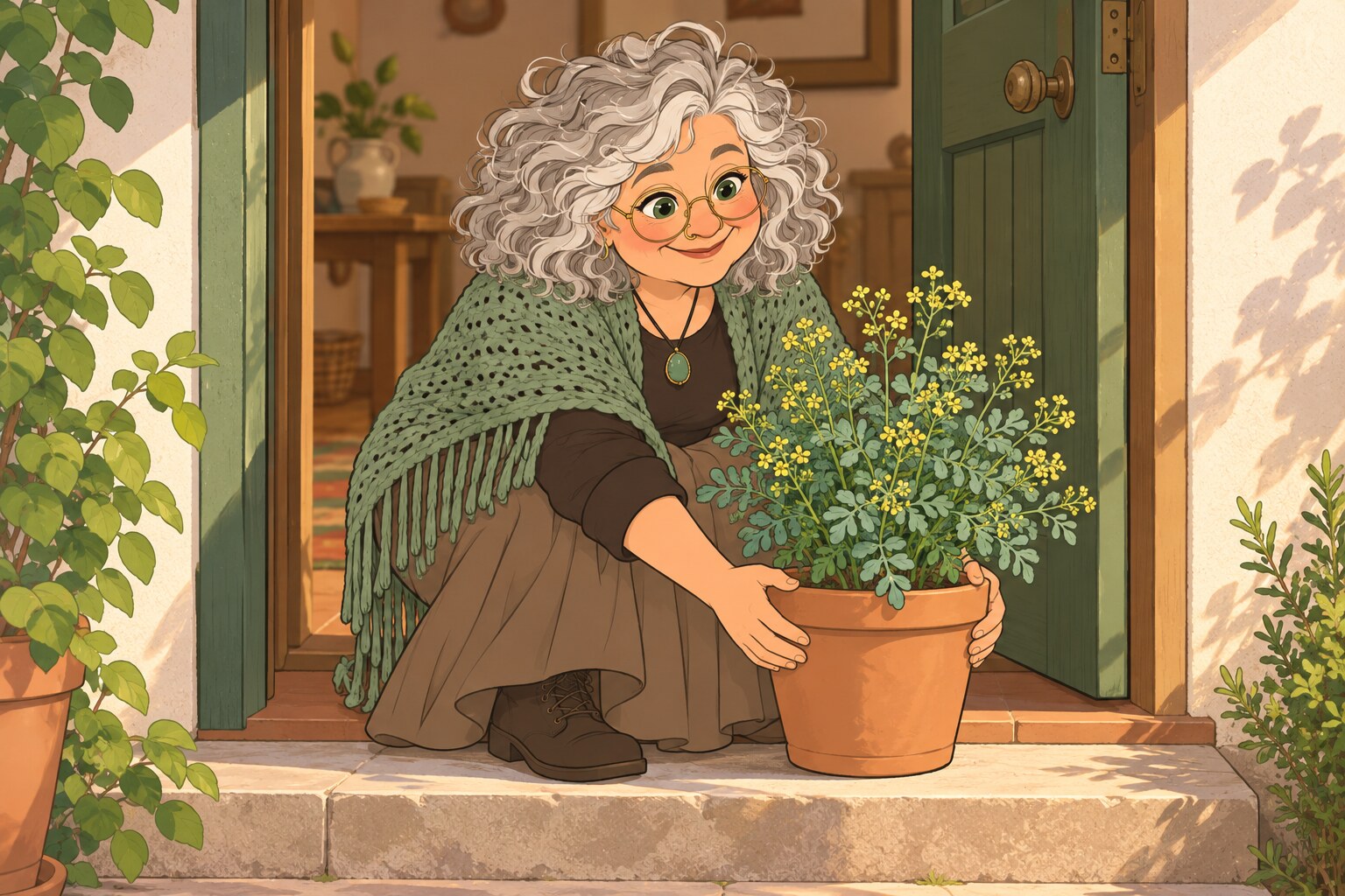 Ilustración de La Pacha acomodando una maceta de ruda con flores amarillas junto a la puerta de entrada de su casa.