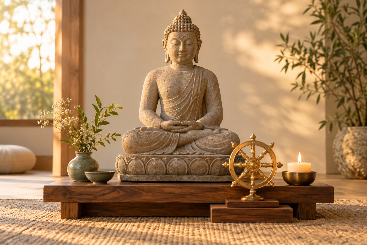 Una estatua del Buda en meditación sobre un altar de madera con una rueda del Dharma dorada de ocho rayos, al amanecer.