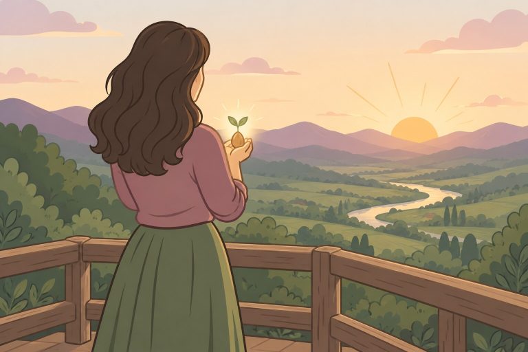Ilustración de una mujer de espaldas en un mirador, sosteniendo una semilla que brilla frente a un valle verde al amanecer.