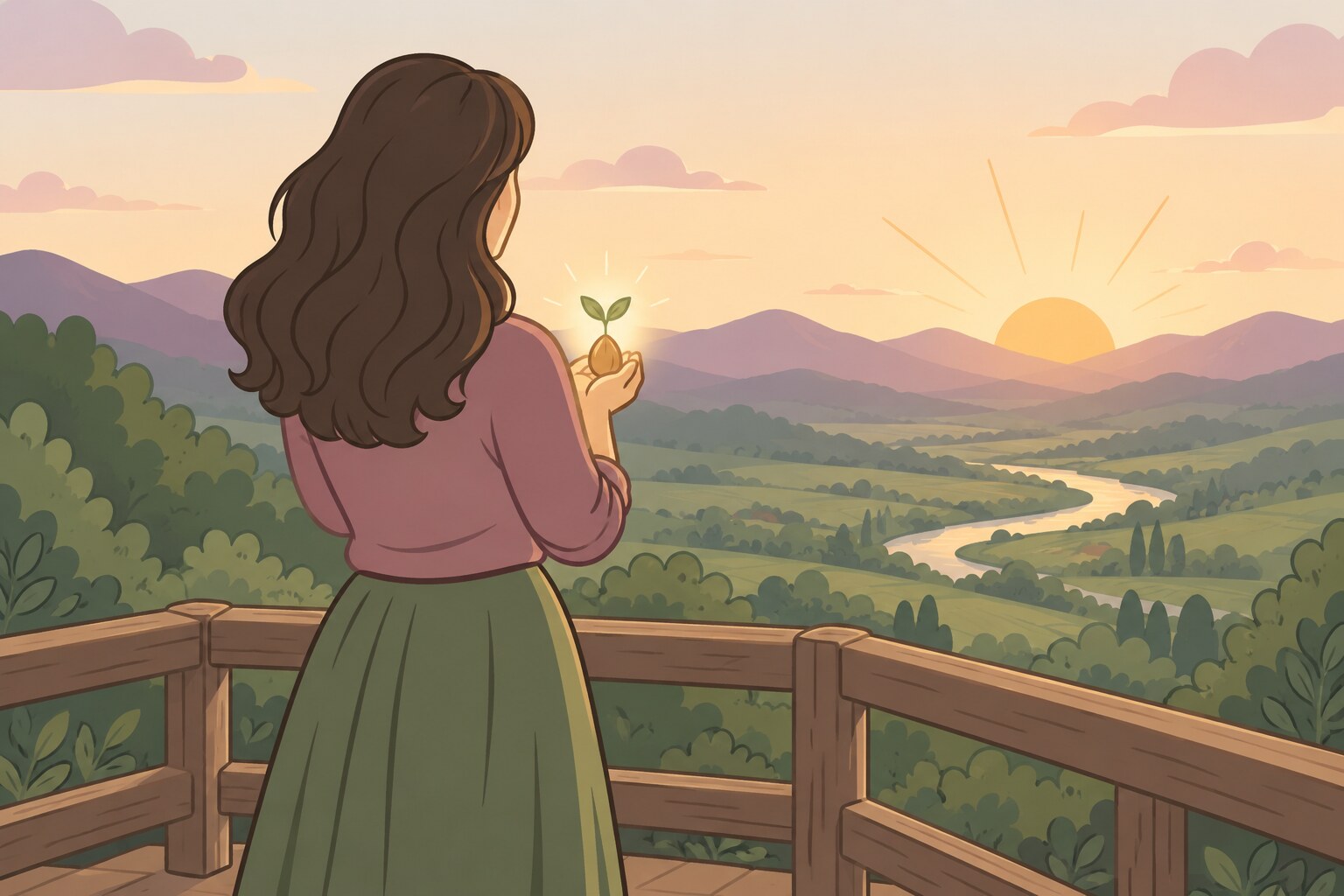 Ilustración de una mujer de espaldas en un mirador, sosteniendo una semilla que brilla frente a un valle verde al amanecer.