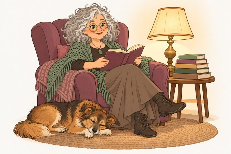 Ilustración de La Pacha leyendo en un sillón junto a una pila de libros y una lámpara, con su perrita dormida a los pies.