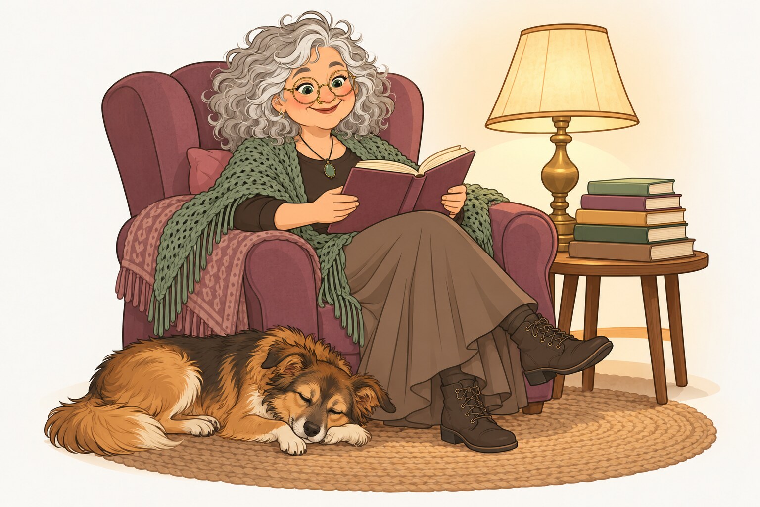 Ilustración de La Pacha leyendo en un sillón junto a una pila de libros y una lámpara, con su perrita dormida a los pies.