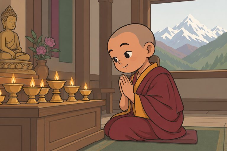 Ilustración de un monje tibetano encendiendo lámparas de manteca frente a un altar de montaña