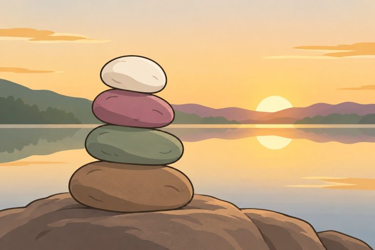 Ilustración de cuatro piedras de río apiladas en equilibrio a la orilla de un lago calmo al amanecer.
