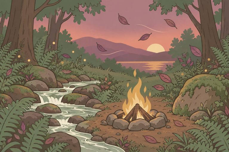 Ilustración de un claro de bosque con un arroyo, una piedra con musgo, una fogata pequeña y hojas en el viento, entre lucecitas doradas.