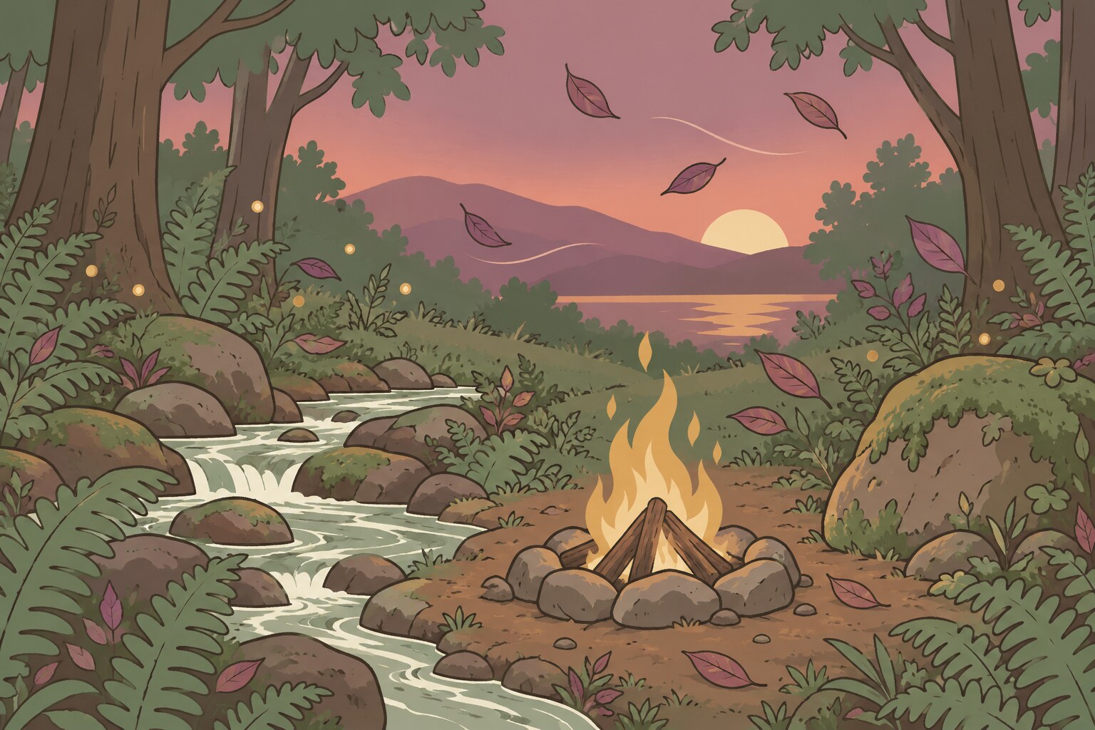 Ilustración de un claro de bosque con un arroyo, una piedra con musgo, una fogata pequeña y hojas en el viento, entre lucecitas doradas.