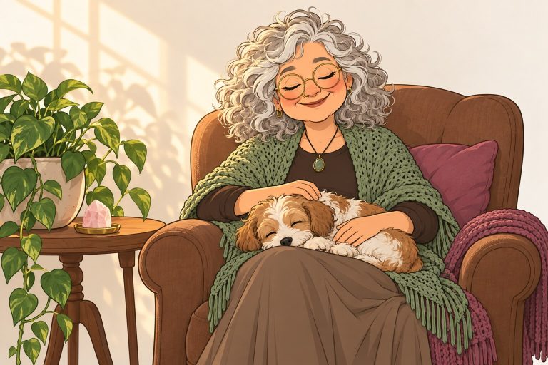 Ilustración de La Pacha sentada en su sillón con los ojos cerrados y su perrita dormida en el regazo, junto a una planta y un cuarzo rosa.