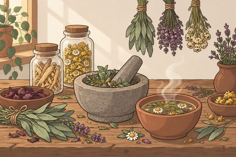 Ilustración de una mesa rústica con manojos de hierbas secas, un mortero de piedra, frascos con raíces y flores, y un cuenco de infusión humeante.