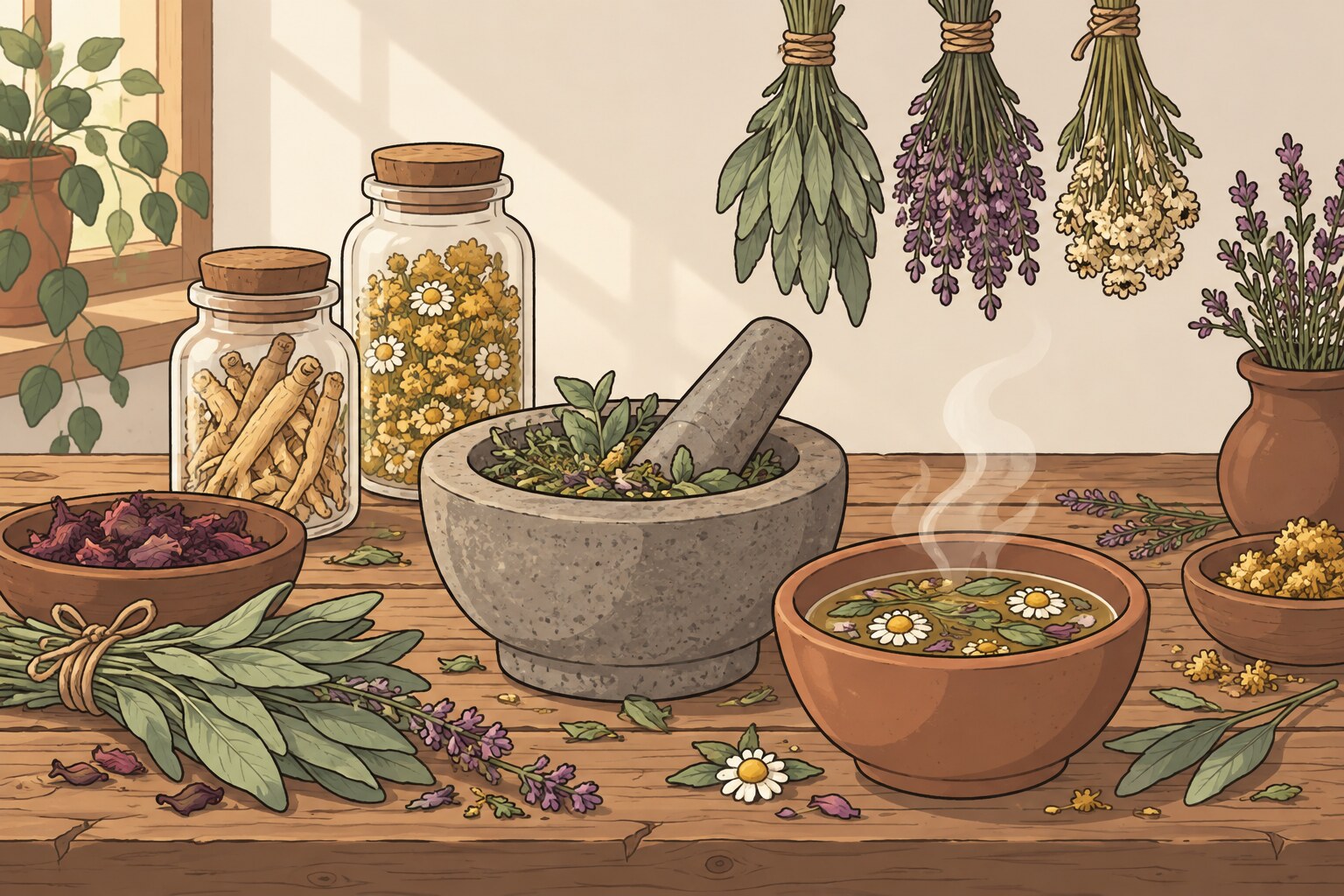 Ilustración de una mesa rústica con manojos de hierbas secas, un mortero de piedra, frascos con raíces y flores, y un cuenco de infusión humeante.