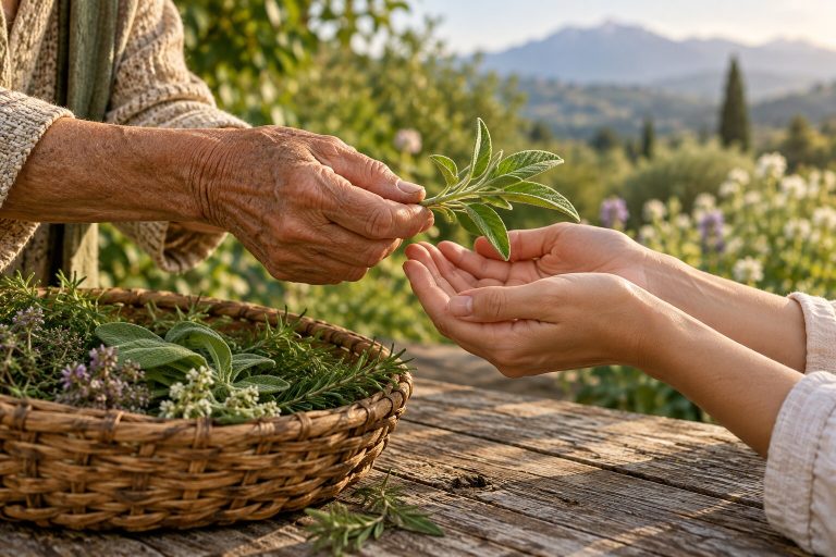 Las manos de una persona mayor le pasan una ramita de una planta medicinal a las manos de una persona joven, junto a una canasta de hierbas sobre una mesa de madera.