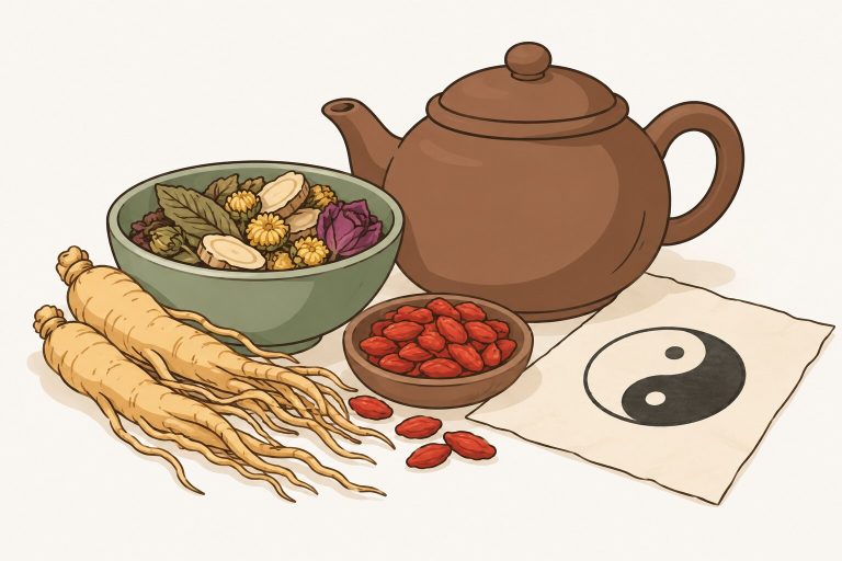 Ilustración de una tetera de barro, hierbas secas, raíces de ginseng, bayas de goji y un papel con el símbolo del yin y el yang.