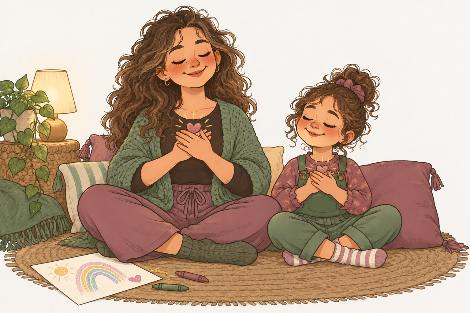 Ilustración de una madre y una niña jugando a respirar con las manos sobre la panza