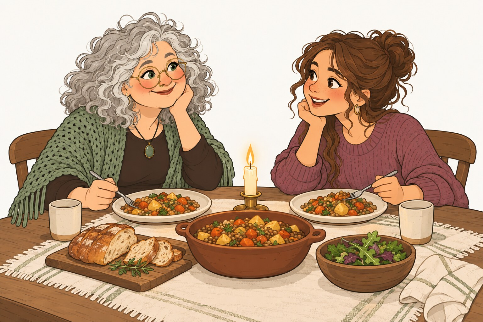 Ilustración de La Pacha y un familiar compartiendo una comida y una conversación alrededor de la mesa