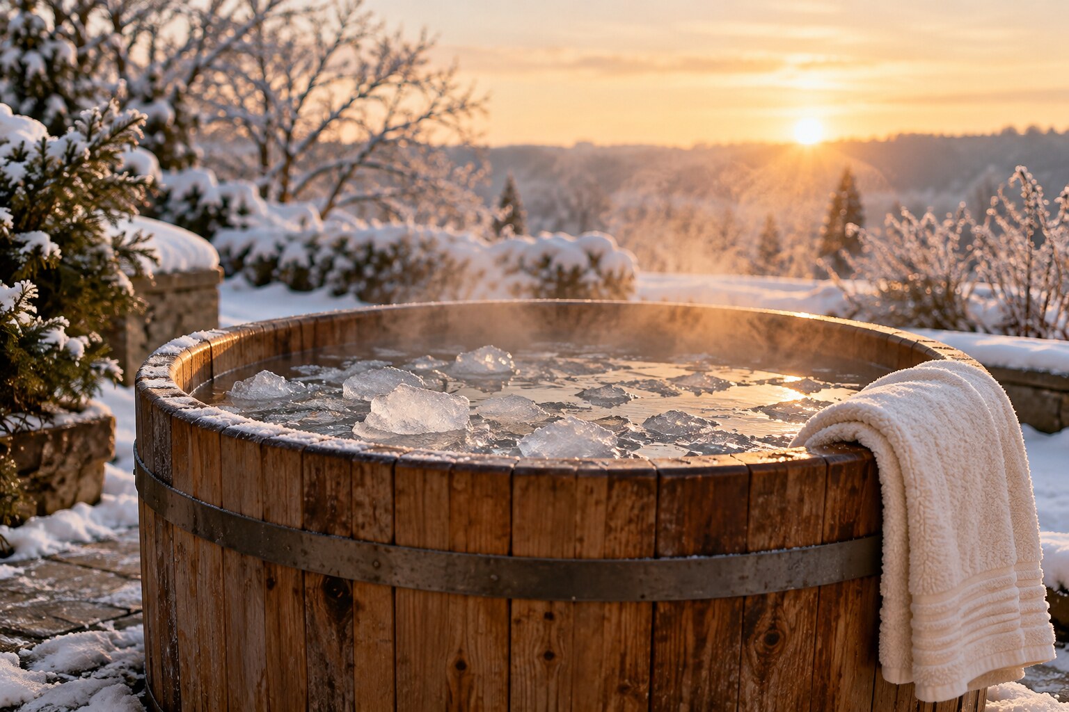 Fotografía de una tina de madera con agua y hielo en un jardín nevado al amanecer