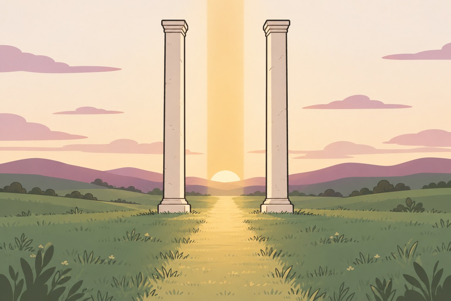 Ilustración de dos columnas de piedra paralelas en un paisaje abierto, con un rayo de luz dorada que pasa entre ellas.