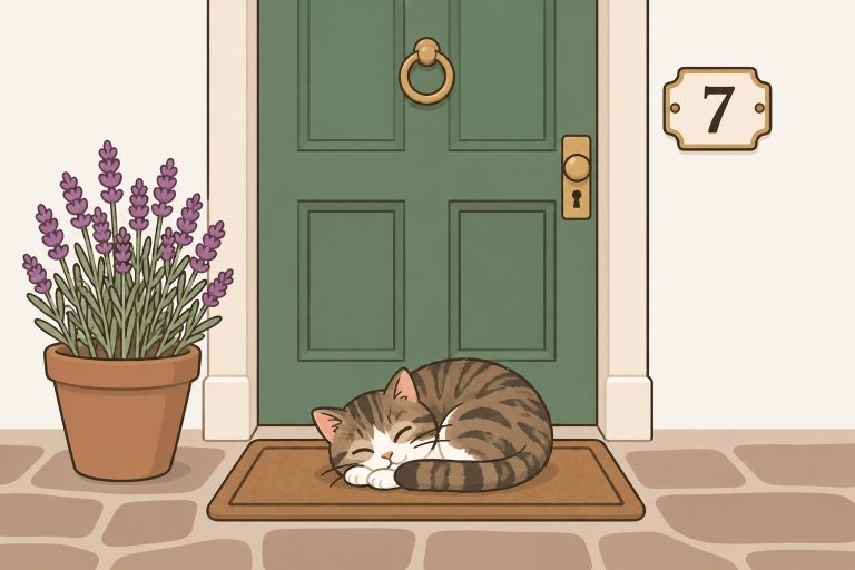 Ilustración de la puerta verde de una casa con el número 7, una maceta de lavanda y un gato dormido en el felpudo.