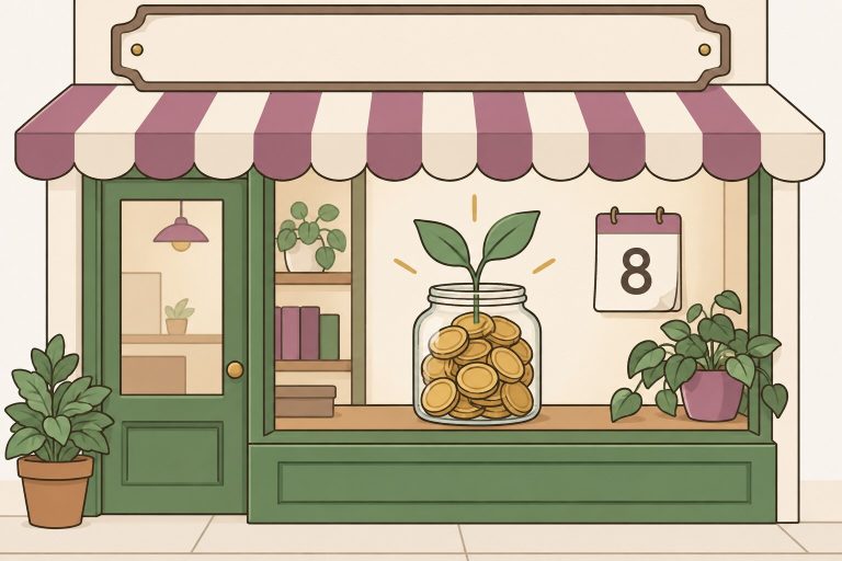 Ilustración de la vidriera de una tiendita con toldo a rayas, un frasco de monedas del que brota una planta y un calendario con el número 8.