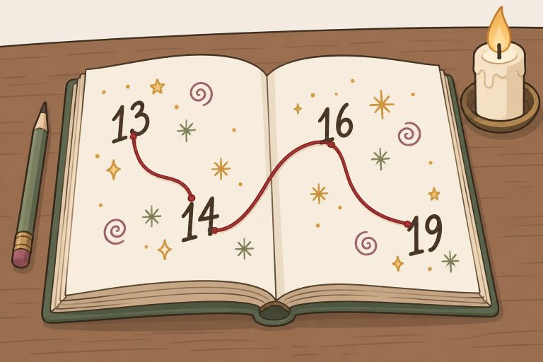 Ilustración de un cuaderno abierto con los números kármicos 13, 14, 16 y 19 escritos a mano y unidos por un hilo rojo, junto a un lápiz y una vela.