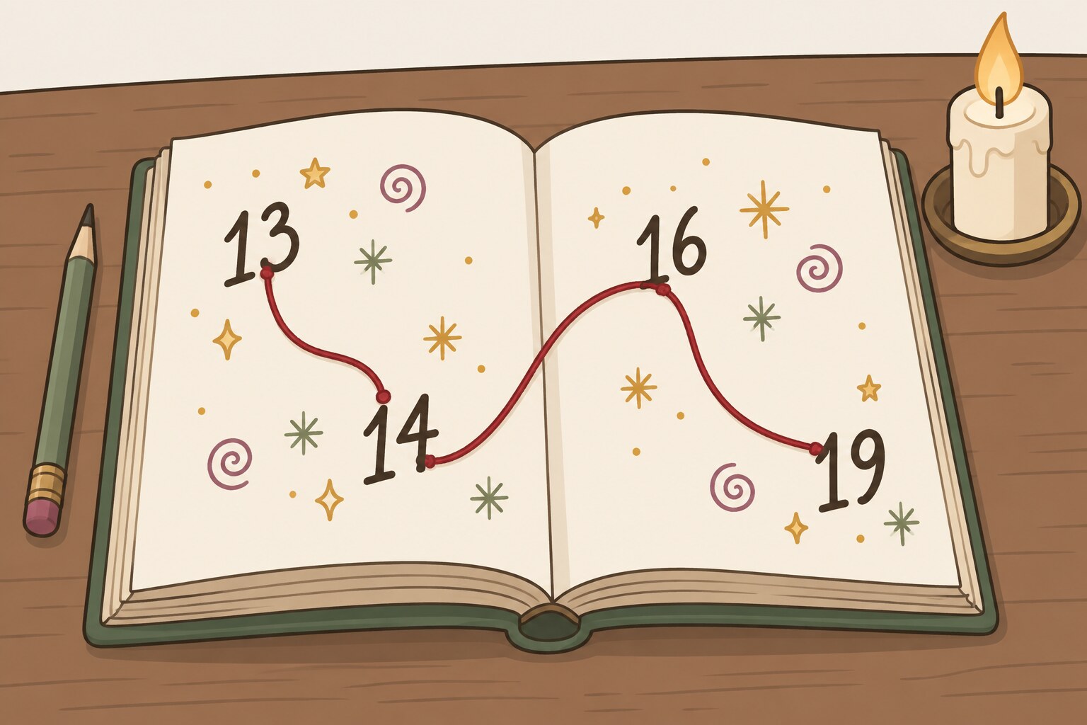 Ilustración de un cuaderno abierto con los números kármicos 13, 14, 16 y 19 escritos a mano y unidos por un hilo rojo, junto a un lápiz y una vela.