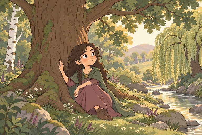 Ilustración de una persona sentada al pie de un roble con la mano en la corteza, en un bosque con un abedul y un sauce