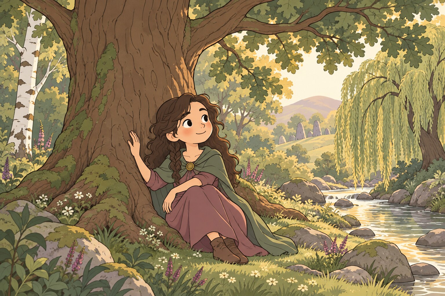Ilustración de una persona sentada al pie de un roble con la mano en la corteza, en un bosque con un abedul y un sauce