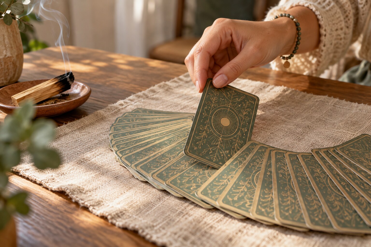 Fotografía de una mano sacando una carta de un mazo de oráculo abierto en abanico sobre un paño de lino, junto a un palo santo humeando.