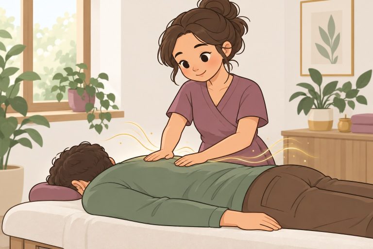 Ilustración de una osteópata con las manos en la espalda de una persona acostada en una camilla