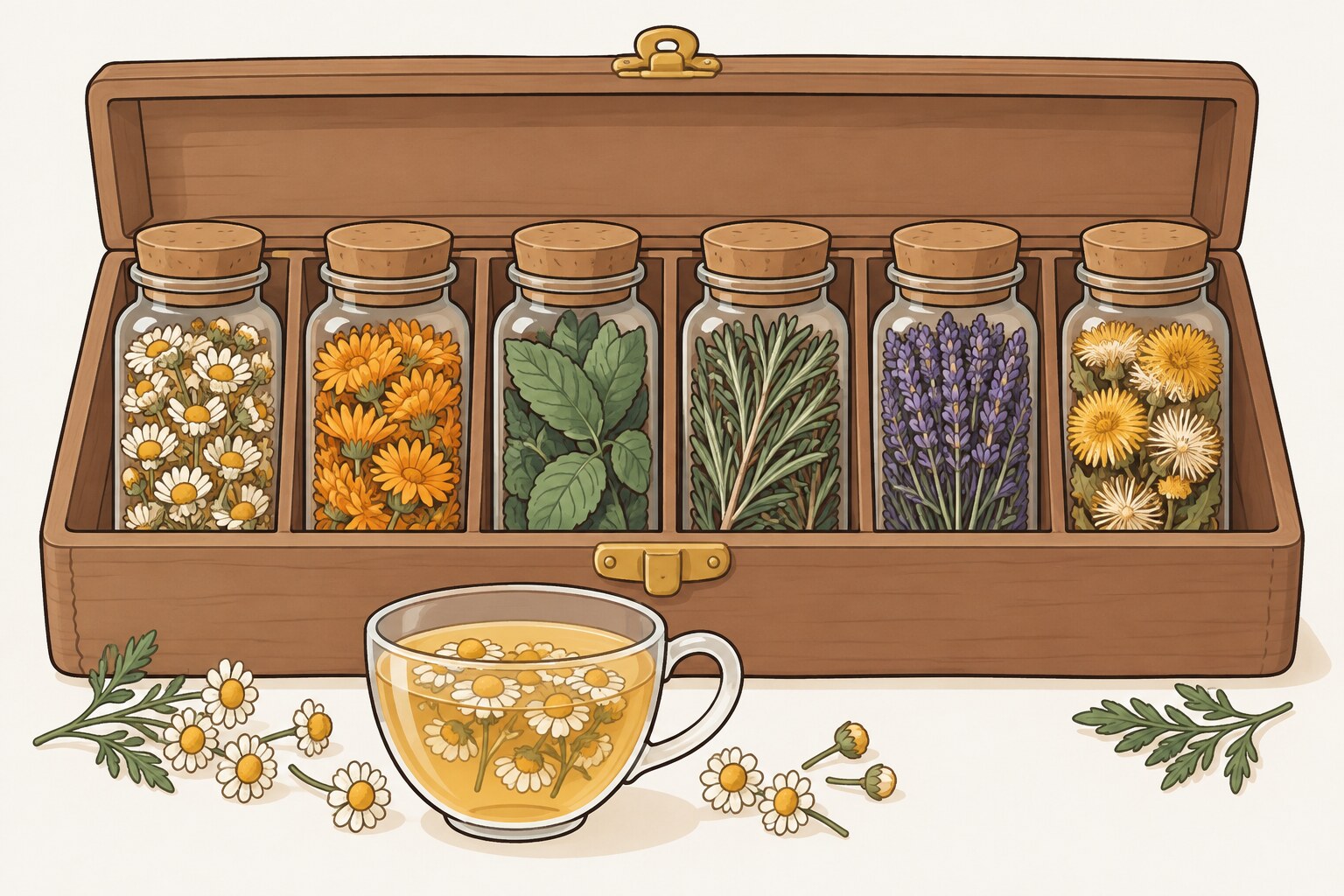 Ilustración de un botiquín natural con seis plantas medicinales en frascos y una infusión de manzanilla.