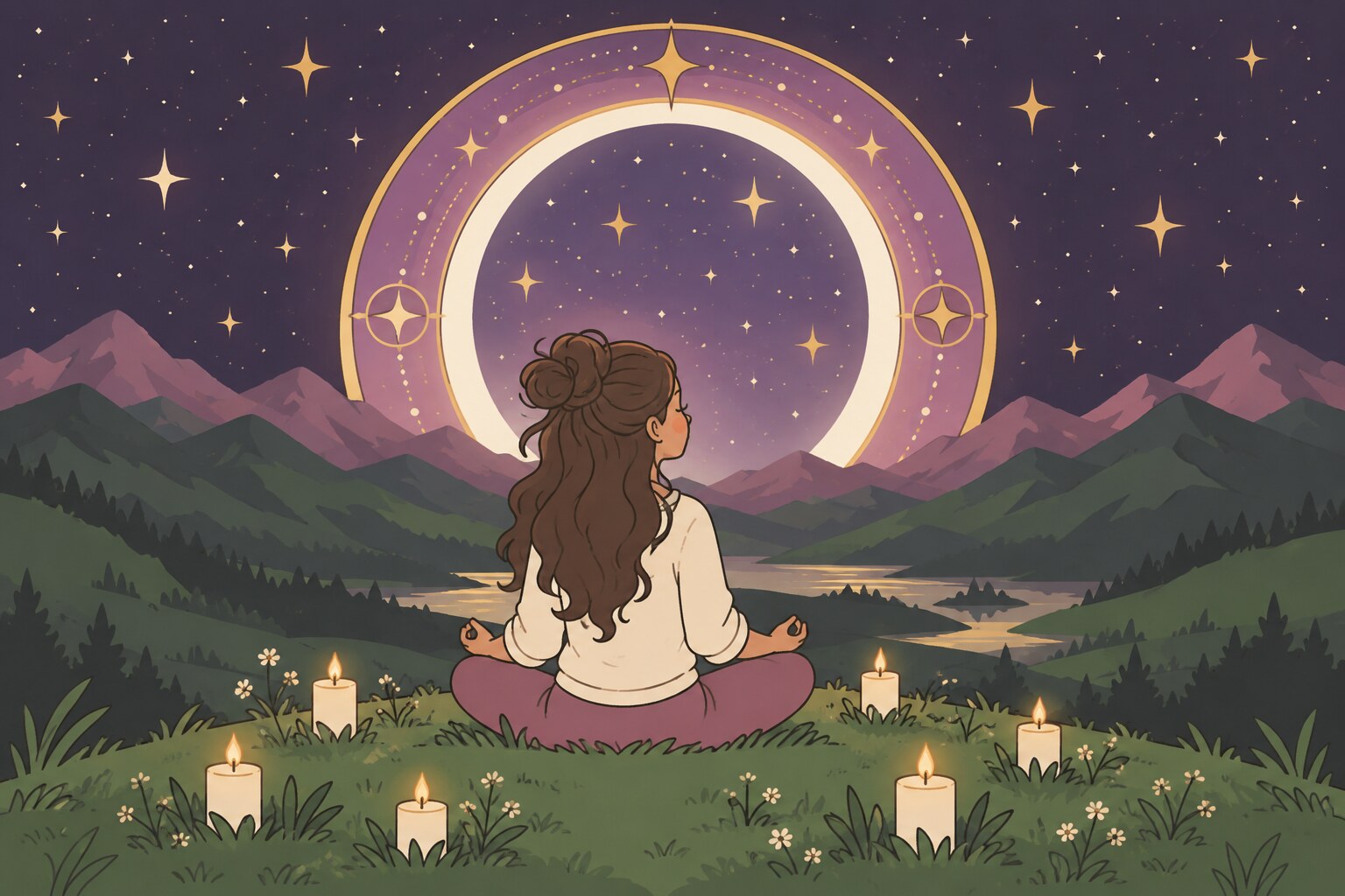 Ilustración de una mujer meditando frente a un círculo de luz que se abre en el cielo estrellado