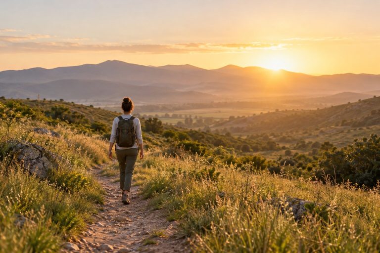 Fotografía de una persona de espaldas caminando por un sendero al amanecer