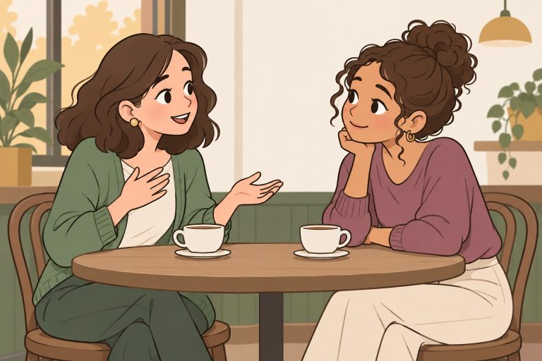Ilustración de dos mujeres conversando con calma en una mesa de café, una habla y la otra escucha