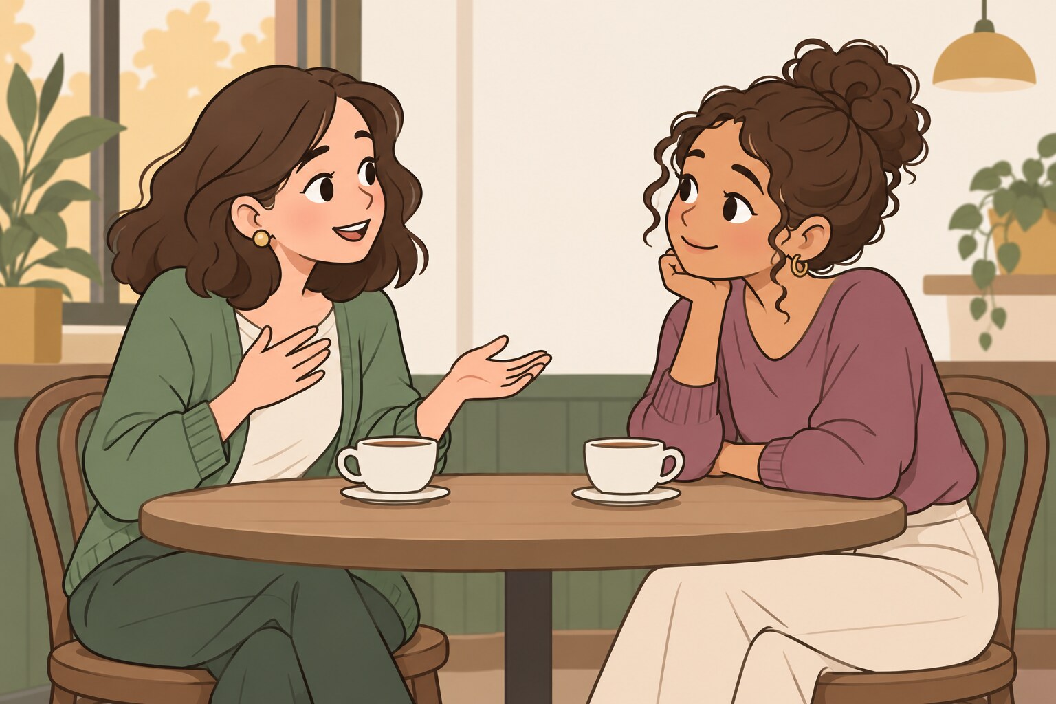 Ilustración de dos mujeres conversando con calma en una mesa de café, una habla y la otra escucha