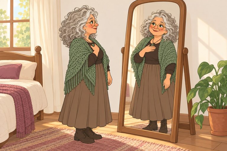 Ilustración de La Pacha mirándose con cariño en un espejo con una mano en el pecho