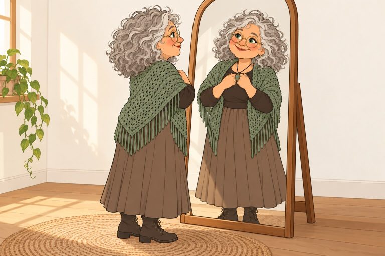 Ilustración de La Pacha hablando con afecto a su reflejo frente a un espejo.