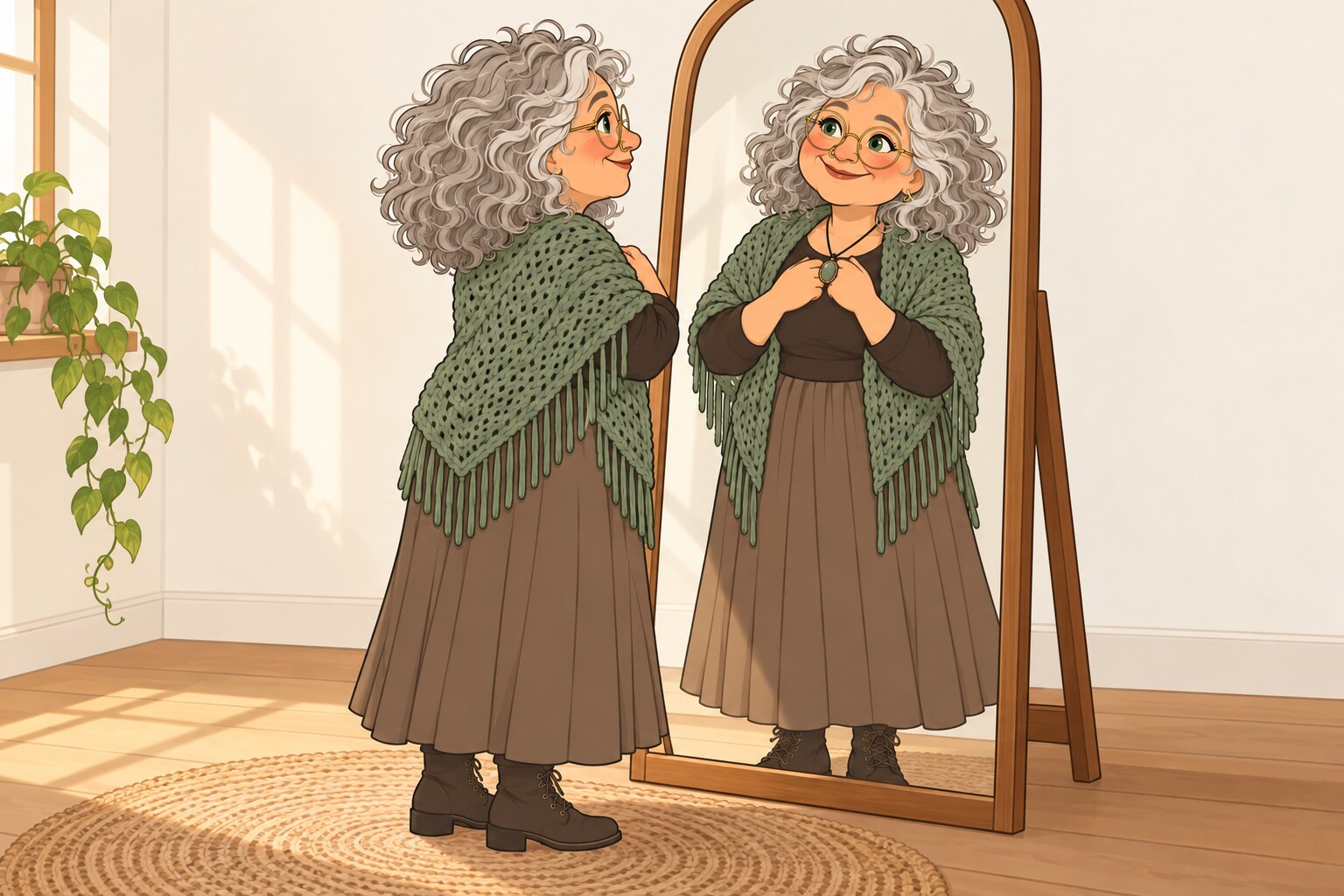 Ilustración de La Pacha hablando con afecto a su reflejo frente a un espejo.